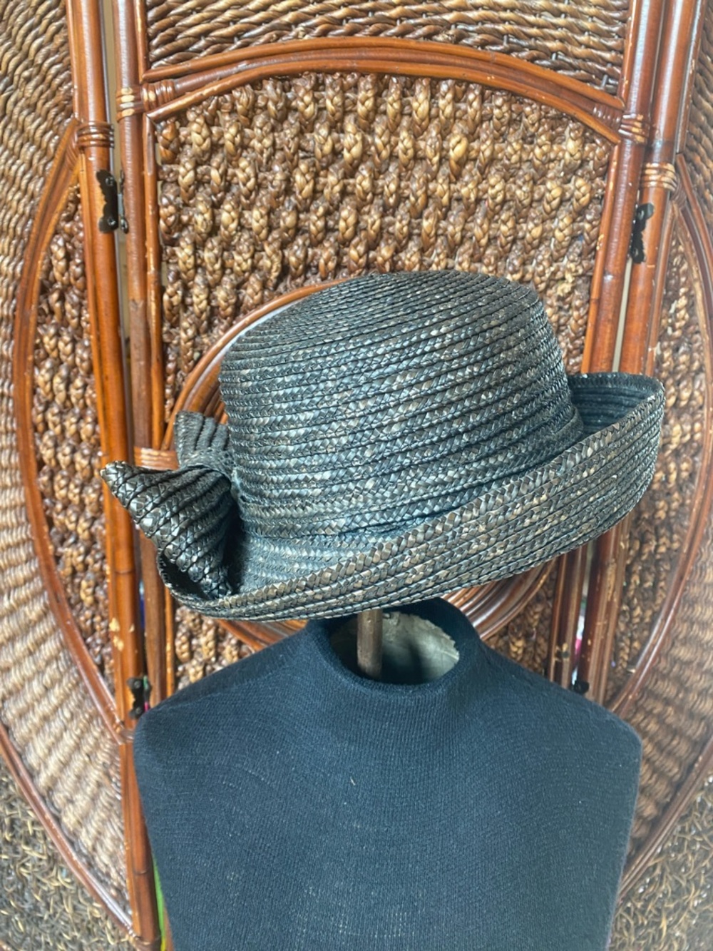 Woven Straw Sun Hat with Bow - Black